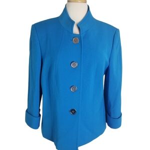 Tahari Royal Blue Button Front Mandarin Style Collar Blazer Size 14